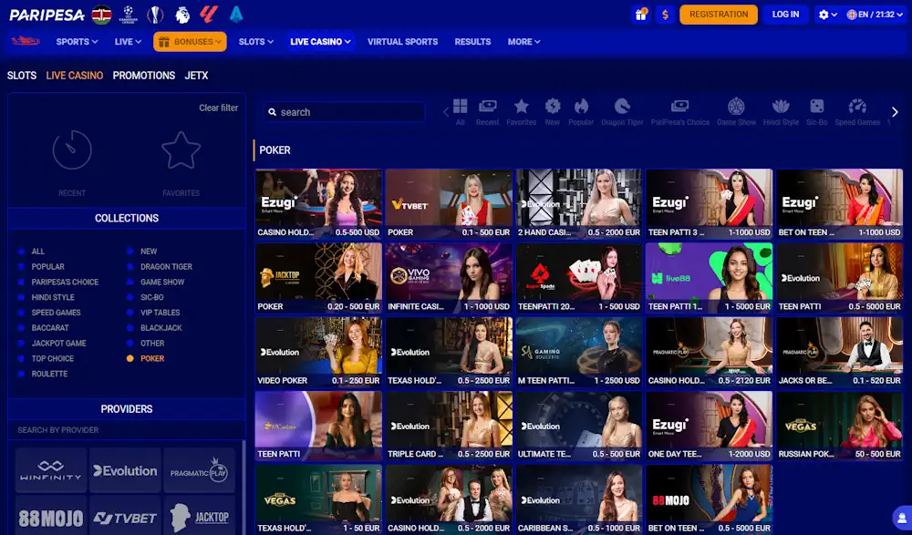 Paripesa Casino Poker Games Screenshot